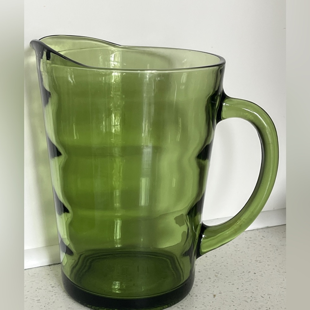 Vintage Hazel Atlas Glass SATURN Optic Rings Avocado Green Pitcher
